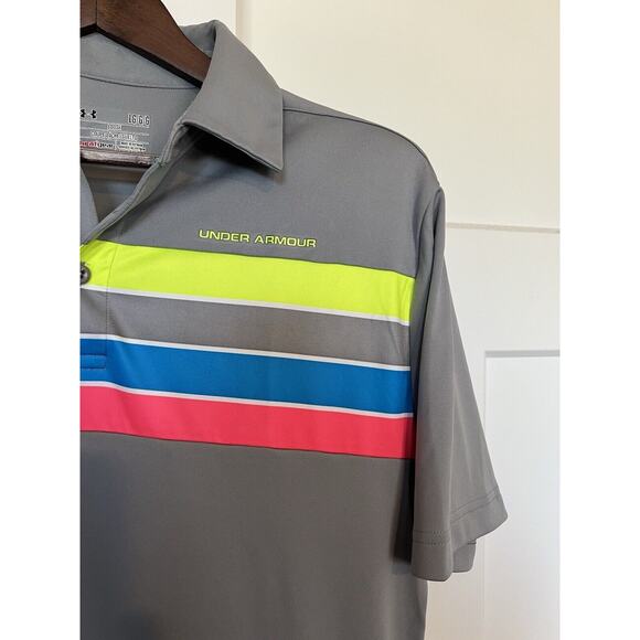Under Armour Men's Golf Polo Size Large Gray Neon Stripe Heatgear - Picture 2 of 8